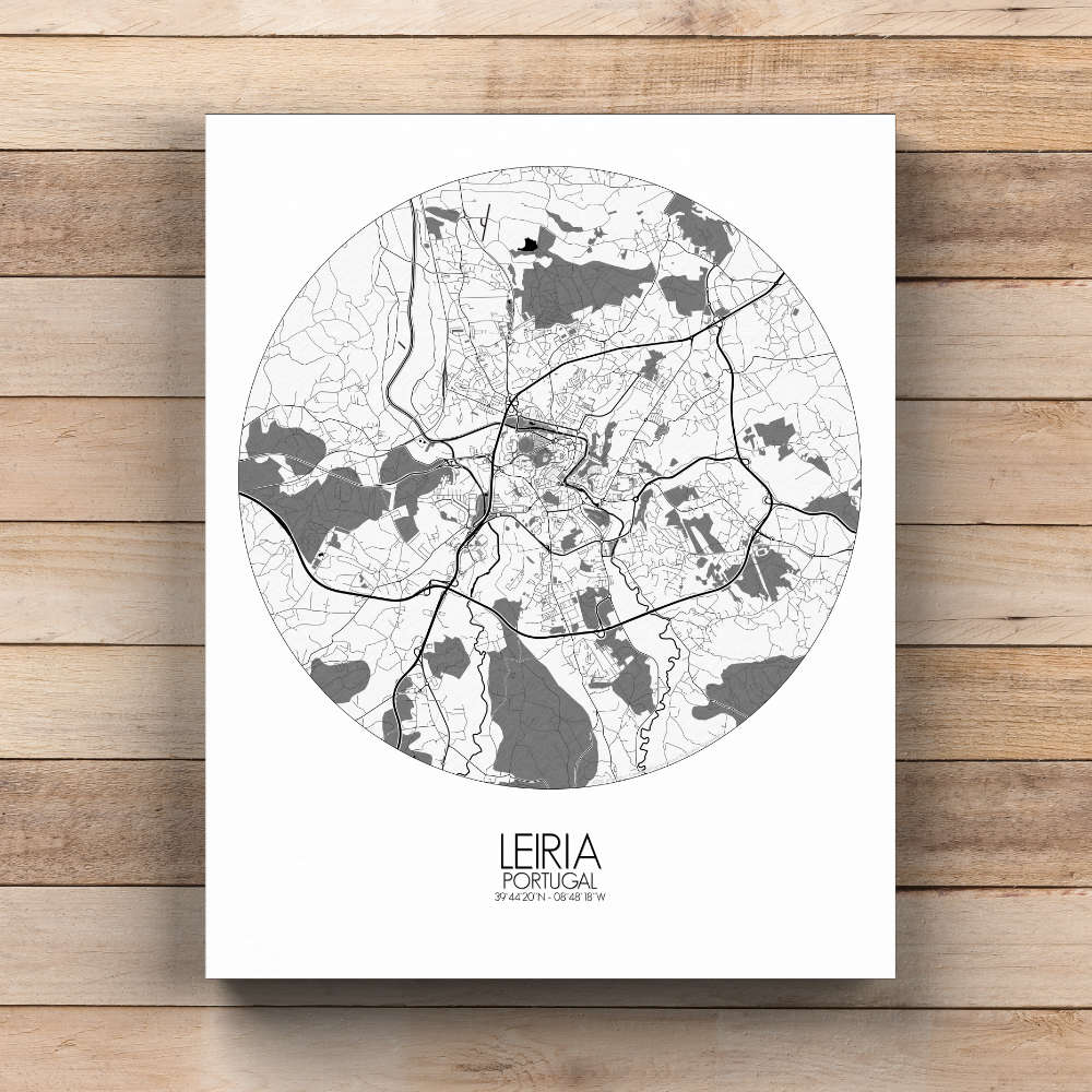 Mapospheres Leiria Black and White  round shape design canvas city map