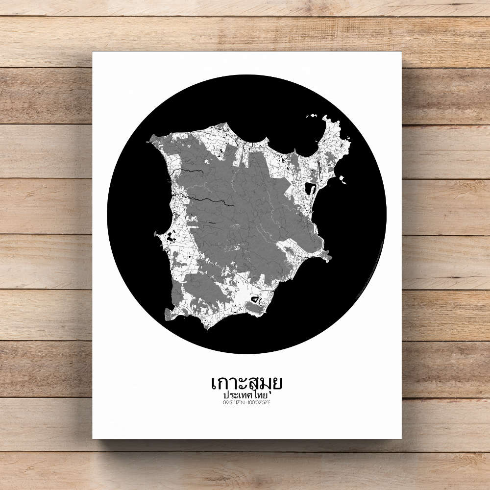 Mapospheres Koh Samui Black and White  round shape design canvas city map