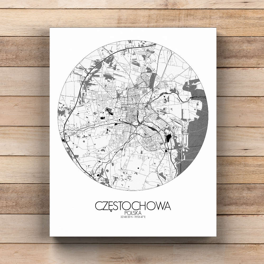 Mapospheres Czestochowa Black and White  round shape design canvas city map