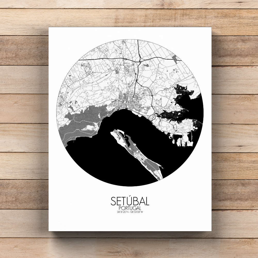 Mapospheres Setubal Black and White  round shape design canvas city map