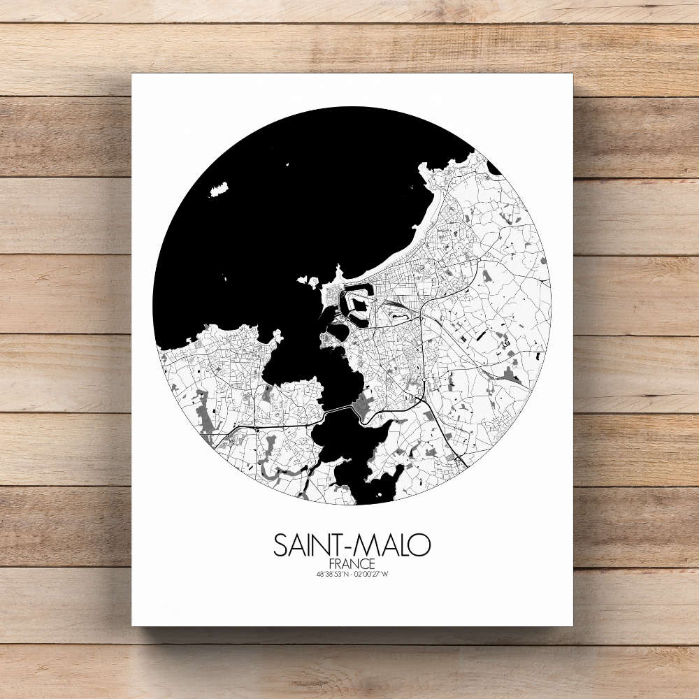 Mapospheres Saint Malo Black and White  round shape design canvas city map