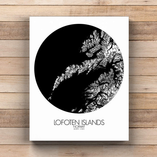 Mapospheres Lofoten Black and White  round shape design canvas city map