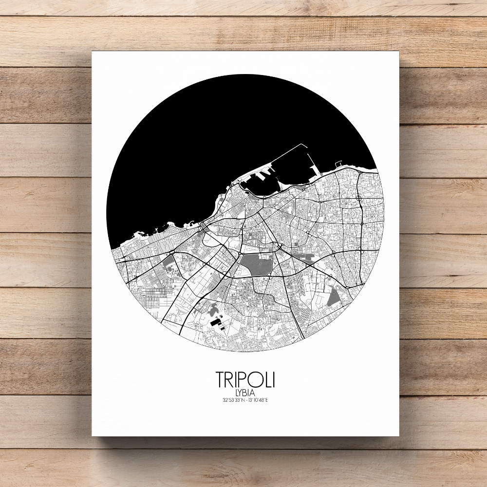 Mapospheres Tripoli Black and White  round shape design canvas city map