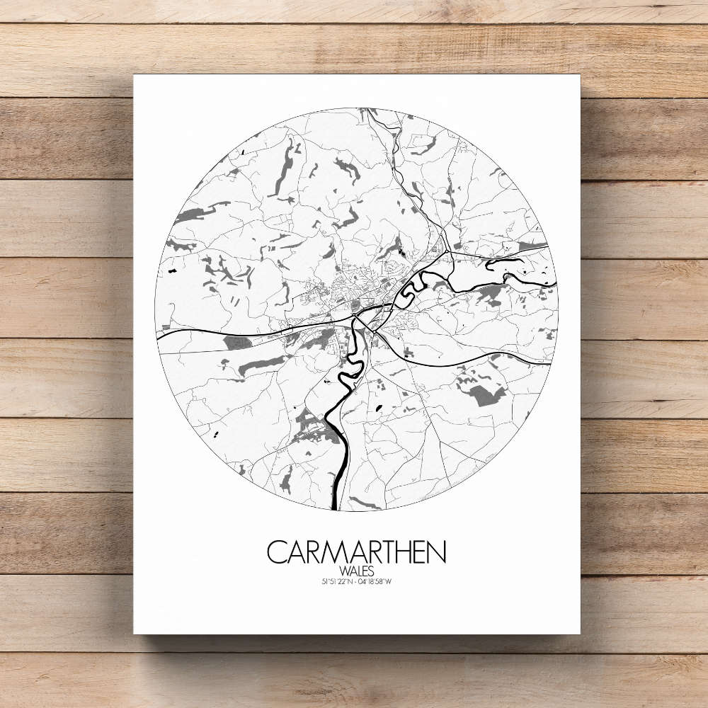 Mapospheres Carmarthen Black and White  round shape design canvas city map