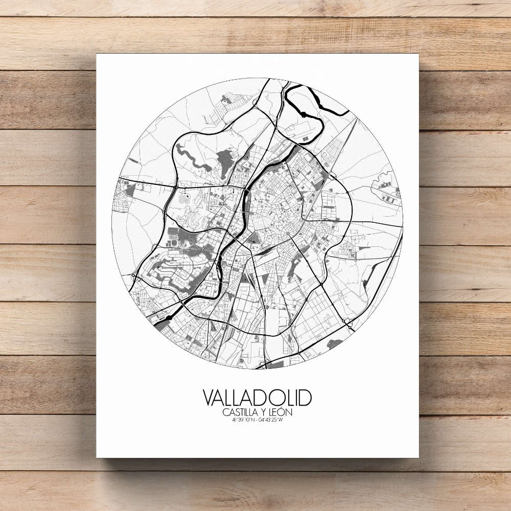 Mapospheres Valladolid Black and White  round shape design canvas city map
