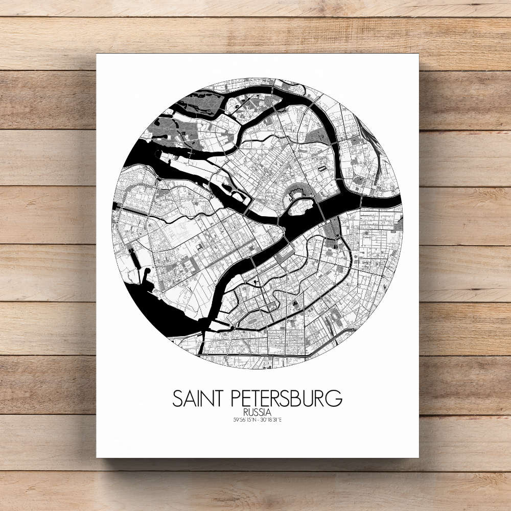 Mapospheres Saint Petersburg Black and White  round shape design canvas city map