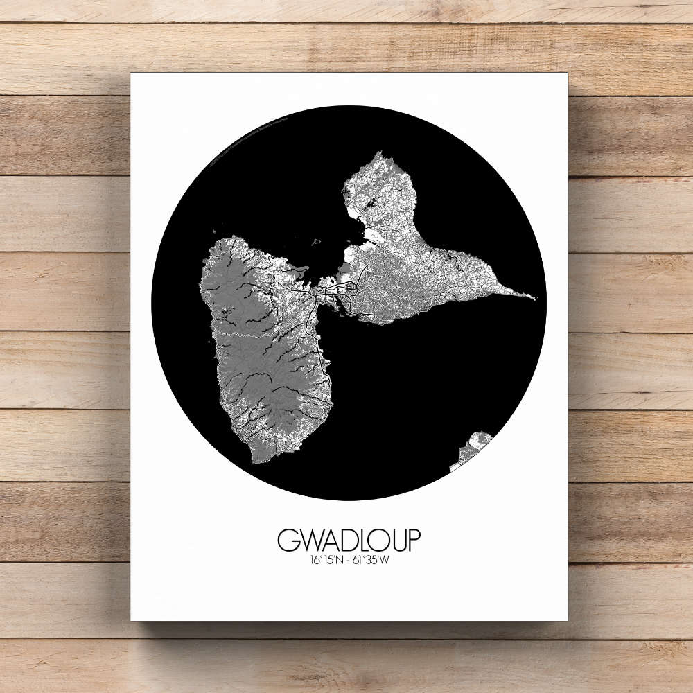 Mapospheres Guadeloupe Black and White  round shape design canvas city map