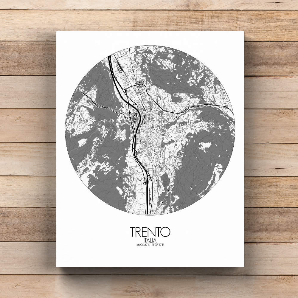Mapospheres Trento Black and White  round shape design canvas city map