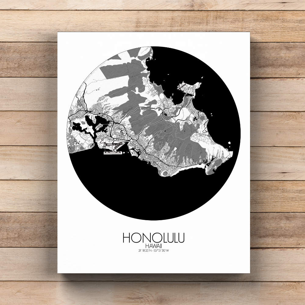 Mapospheres Honolulu Black and White  round shape design canvas city map