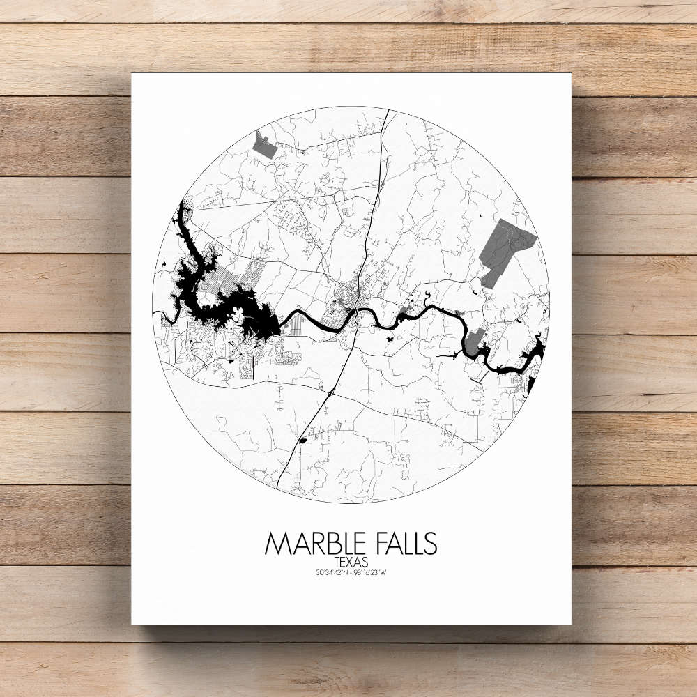 Mapospheres Marble Falls Black and White  round shape design canvas city map