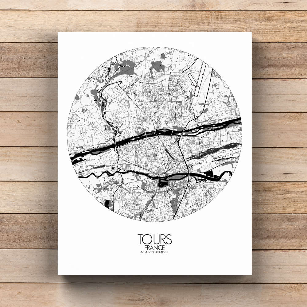 Mapospheres Tours Black and White  round shape design canvas city map