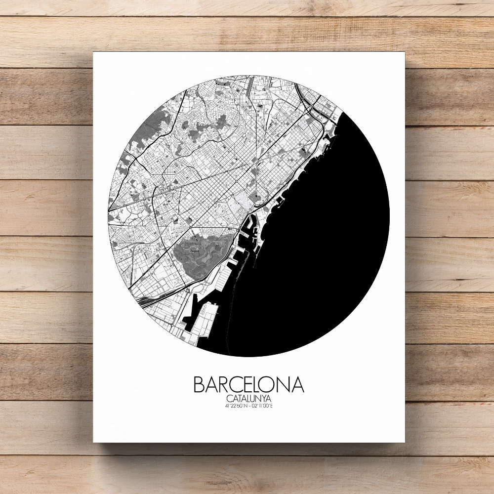 Mapospheres Barcelona Black and White  round shape design canvas city map