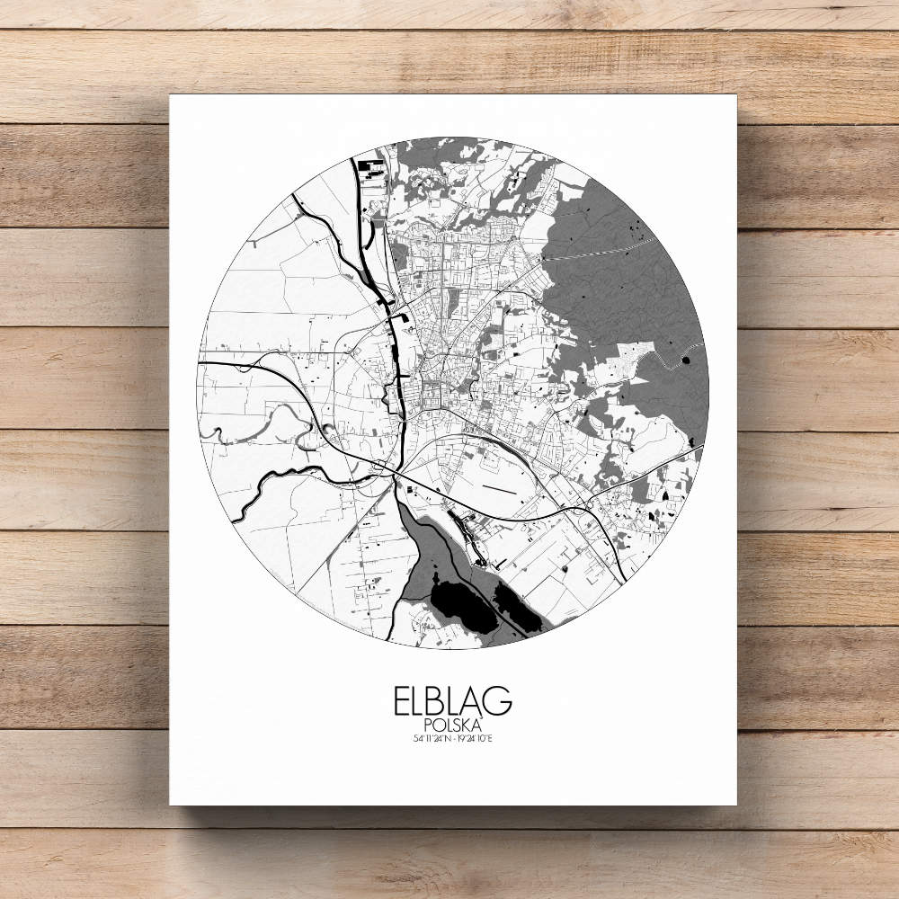 Mapospheres Elblag Black and White  round shape design canvas city map