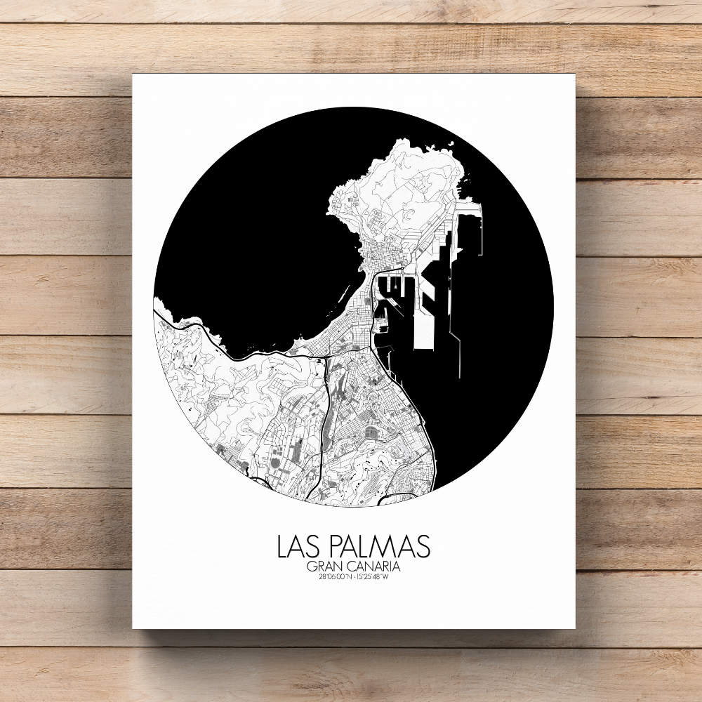 Mapospheres Las Palmas Black and White  round shape design canvas city map