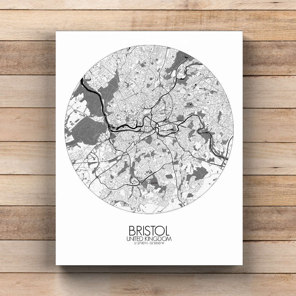 Mapospheres Bristol Black and White  round shape design canvas city map
