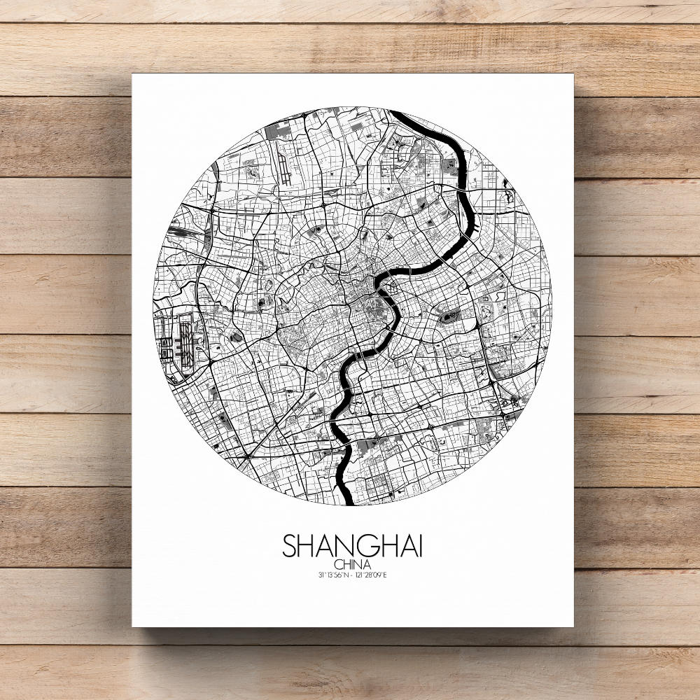 Mapospheres Shanghai Black and White  round shape design canvas city map