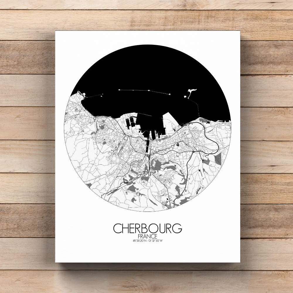 Mapospheres Cherbourg Black and White  round shape design canvas city map