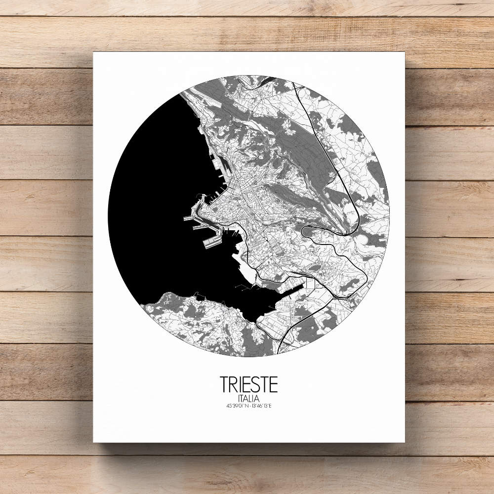 Mapospheres Trieste Black and White  round shape design canvas city map