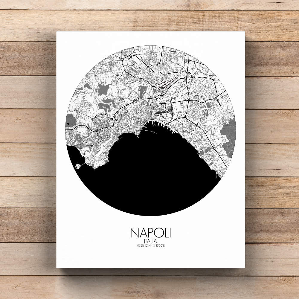 Mapospheres Naples Black and White  round shape design canvas city map