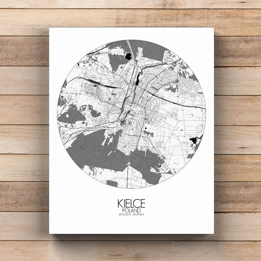 Mapospheres Kielce Black and White  round shape design canvas city map