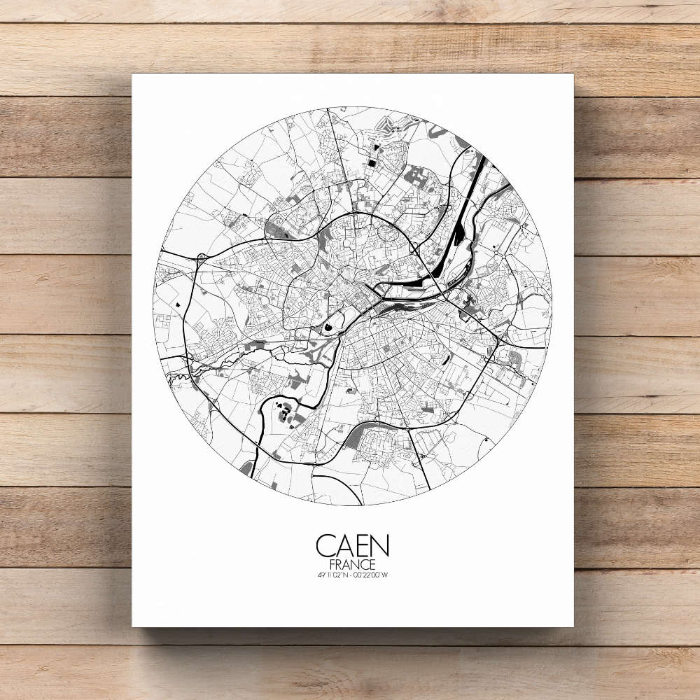 Mapospheres Caen Black and White  round shape design canvas city map