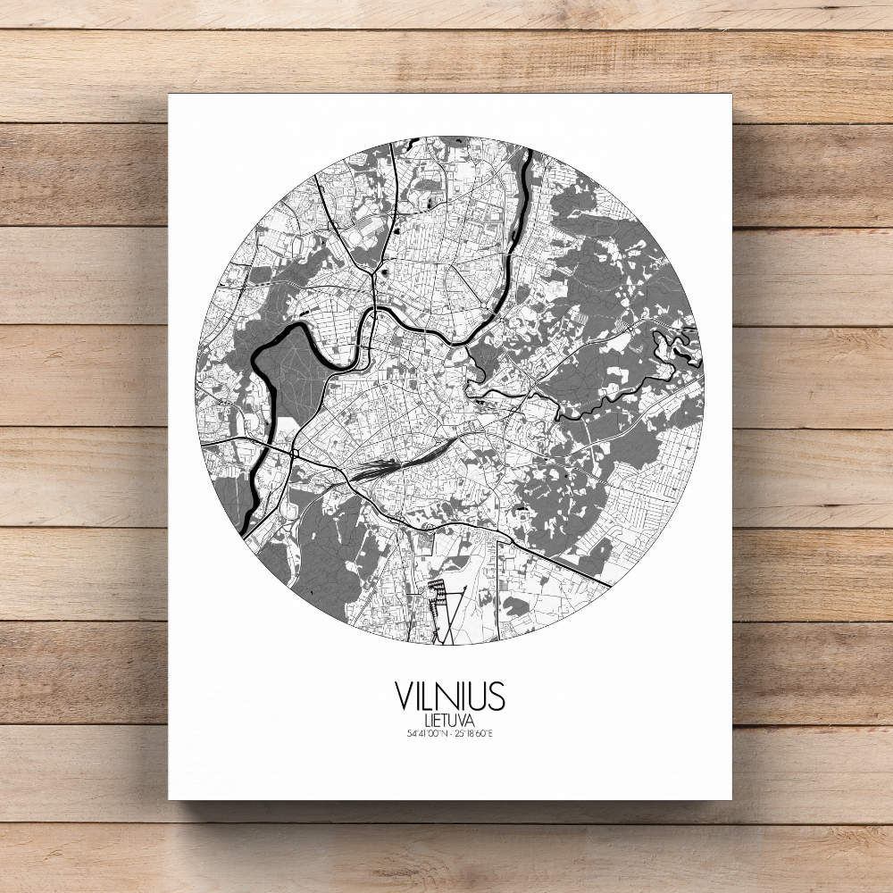 Mapospheres Vilnius Black and White  round shape design canvas city map