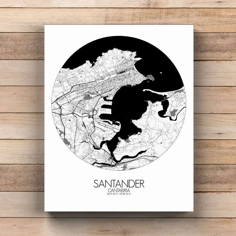 Mapospheres Santander Black and White round shape design canvas city map