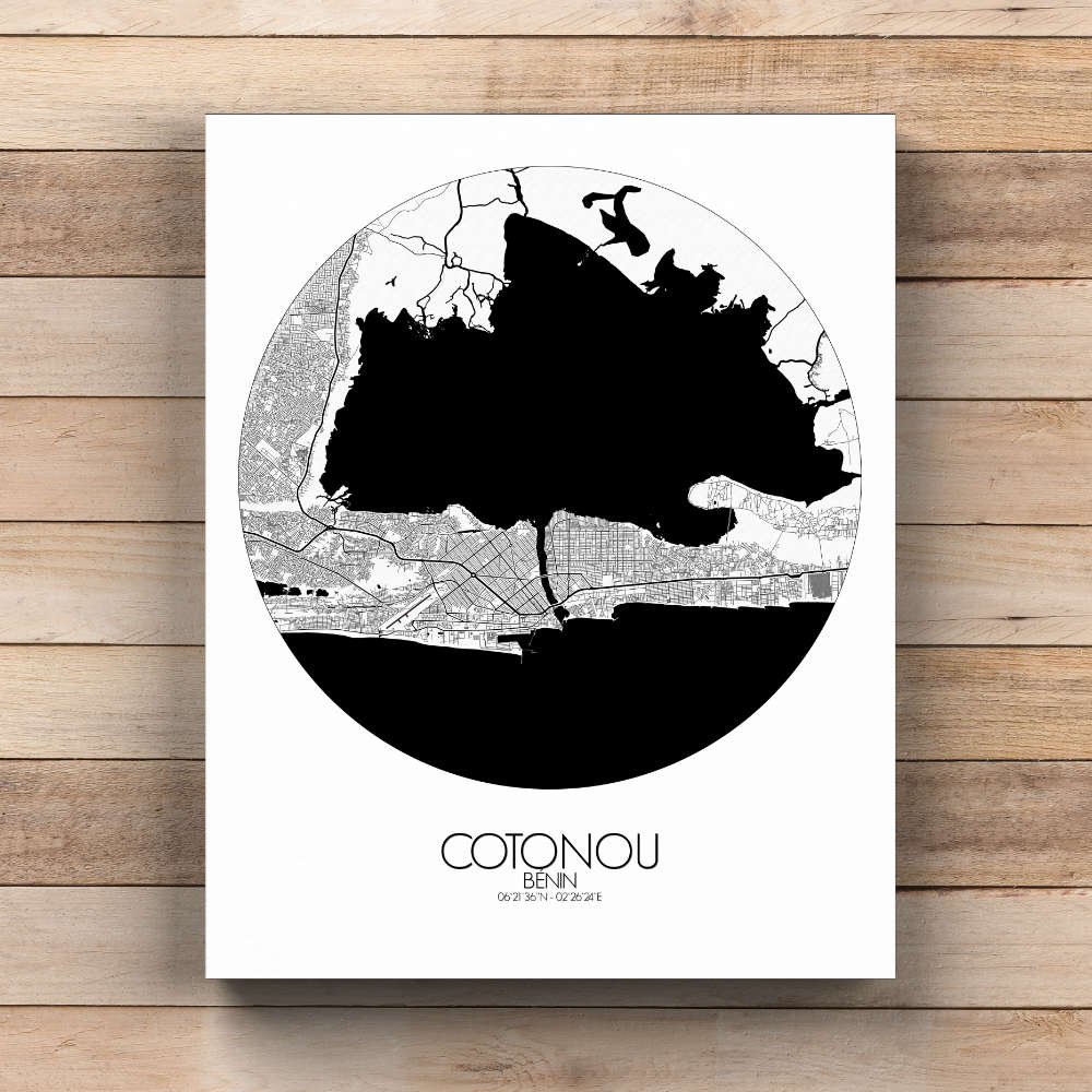 Mapospheres Cotonou Black and White  round shape design canvas city map