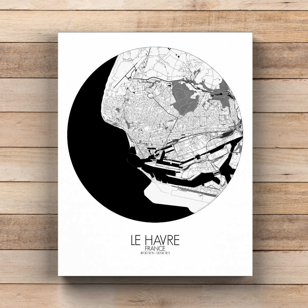 Mapospheres Le Havre Black and White  round shape design canvas city map