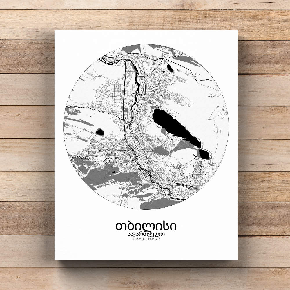 Mapospheres Tbilisi Black and White  round shape design canvas city map