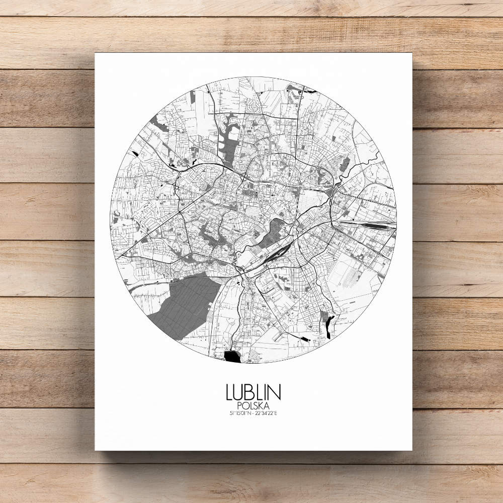 Mapospheres Lublin Black and White  round shape design canvas city map