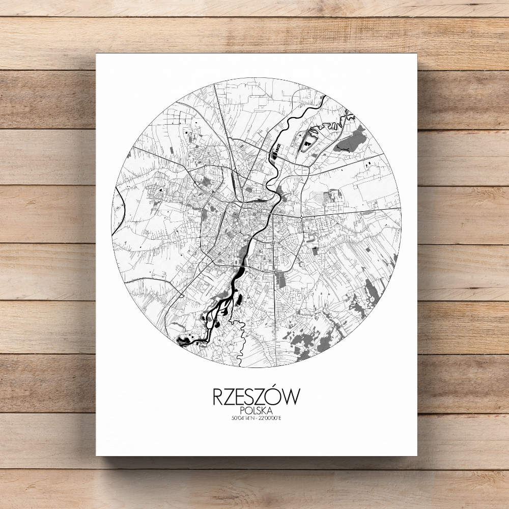 Mapospheres Rzeszow Black and White  round shape design canvas city map