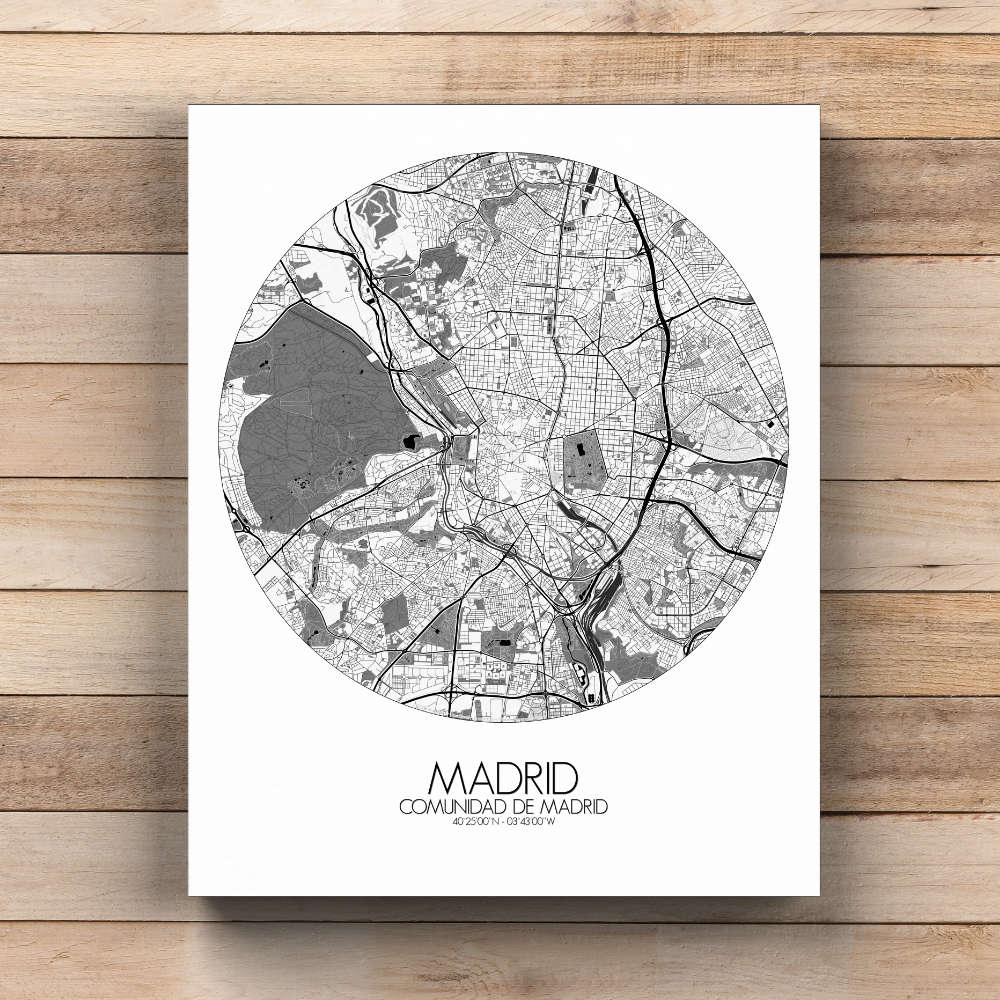 Mapospheres Madrid Black and White  round shape design canvas city map