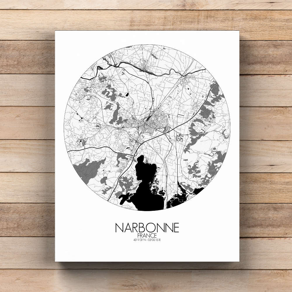 Mapospheres Narbonne Black and White  round shape design canvas city map