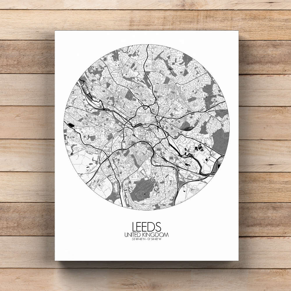 Mapospheres Leeds Black and White  round shape design canvas city map