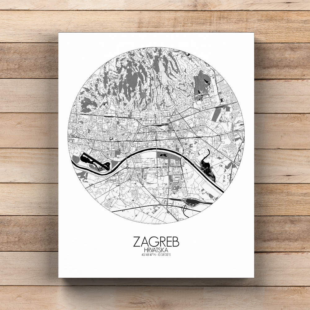 Mapospheres Zagreb Black and White  round shape design canvas city map