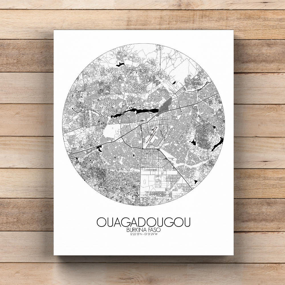 Mapospheres Ouagadougou Black and White  round shape design canvas city map