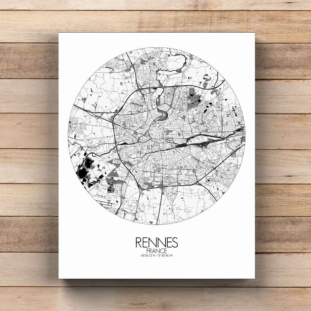 Mapospheres Rennes Black and White  round shape design canvas city map