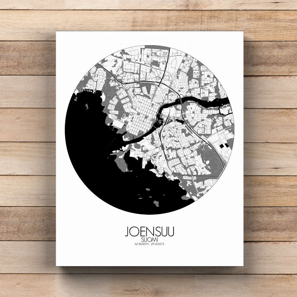 Mapospheres Joensuu Black and White  round shape design canvas city map