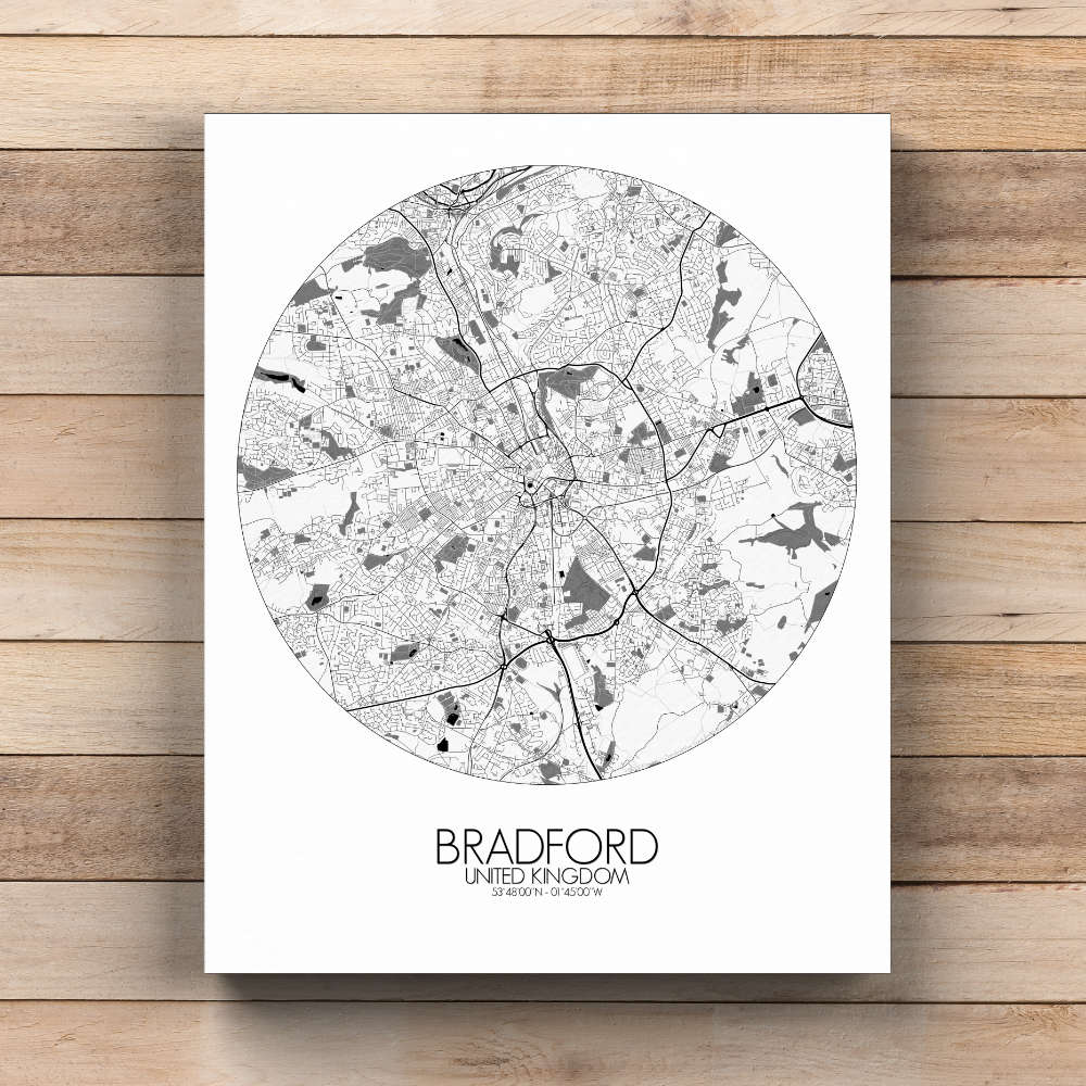 Mapospheres Bradford Black and White  round shape design canvas city map