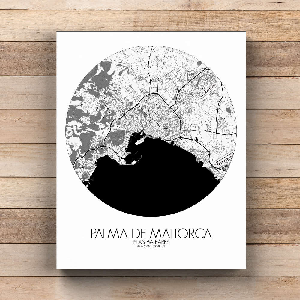Mapospheres Palma Black and White  round shape design canvas city map