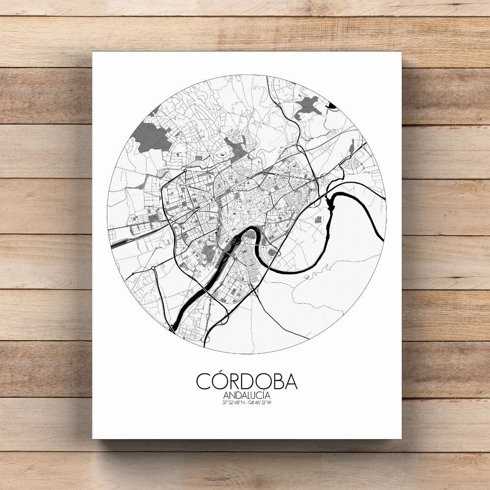Mapospheres Cordoba Black and White  round shape design canvas city map