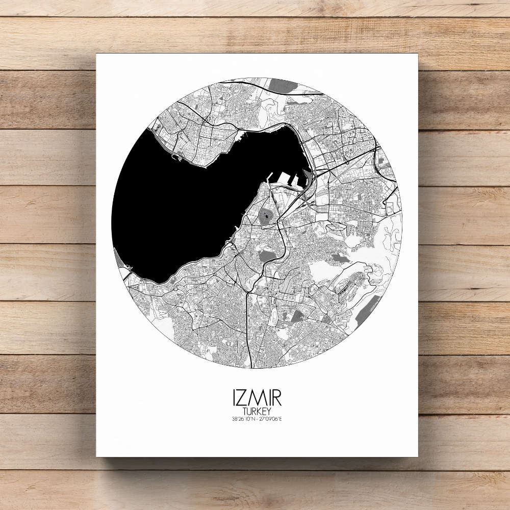 Mapospheres Izmir Black and White  round shape design canvas city map