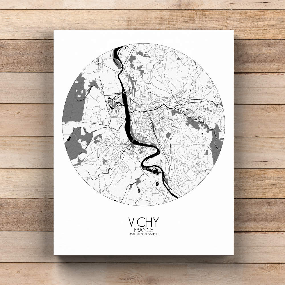 Mapospheres Vichy Black and White  round shape design canvas city map