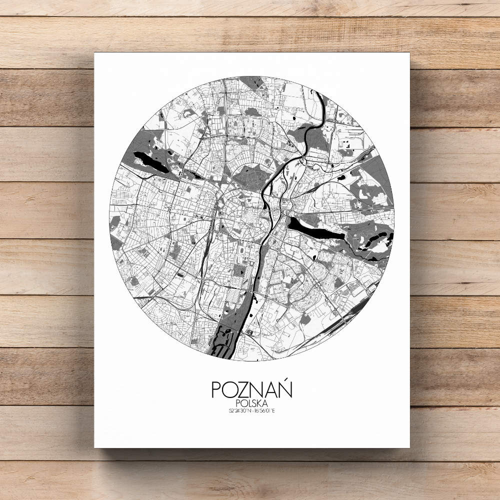 Mapospheres Poznan Black and White  round shape design canvas city map
