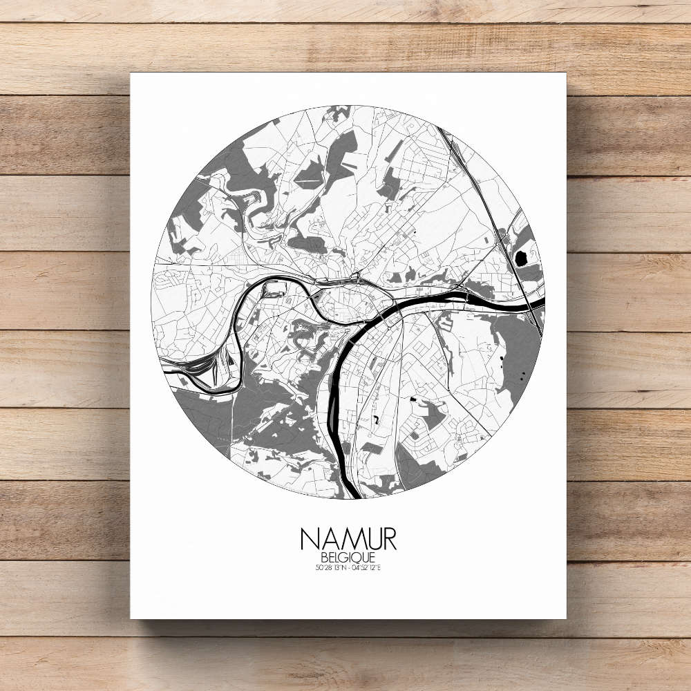 Mapospheres Namur Black and White  round shape design canvas city map