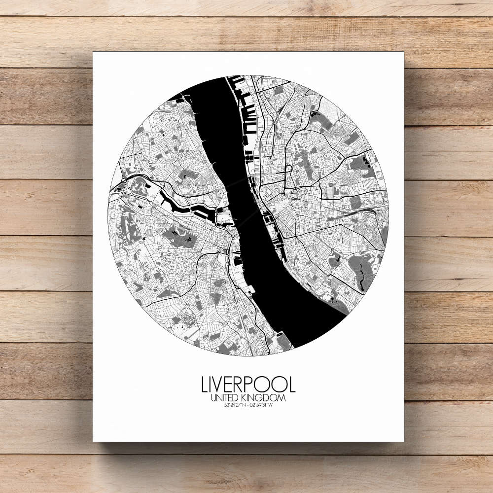 Mapospheres Liverpool Black and White  round shape design canvas city map