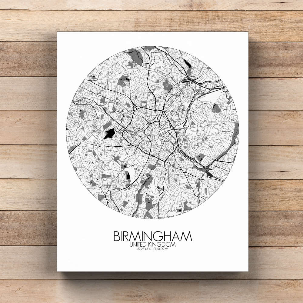 Mapospheres Birmingham Black and White  round shape design canvas city map