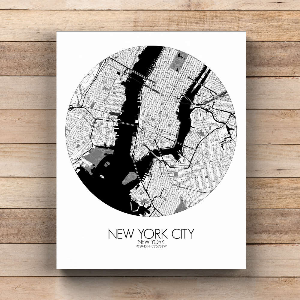 Mapospheres New York Black and White  round shape design canvas city map