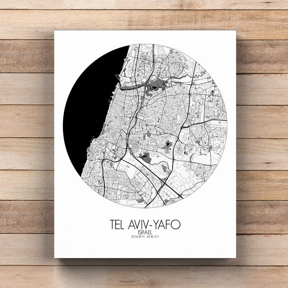Mapospheres Tel Aviv Yafo Black and White  round shape design canvas city map